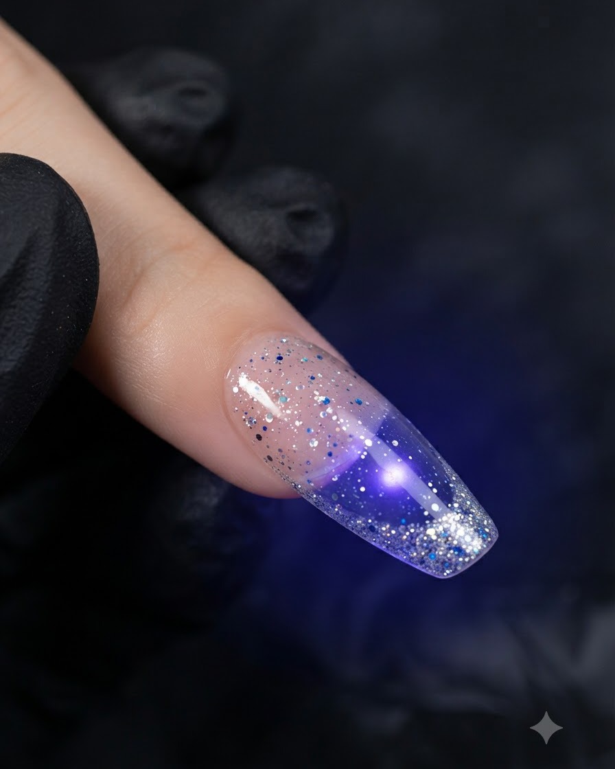 硬化プロセス中に、紫色のUV/LEDランプの光の下でシルバーグリッターが入った爪のクローズアップ。