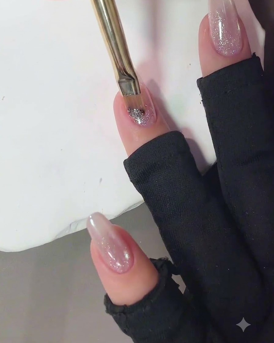 ネイルブラシを使って、爪の上半分にきらめくピンククラッシュダイヤモンドジェルを塗布している様子。
