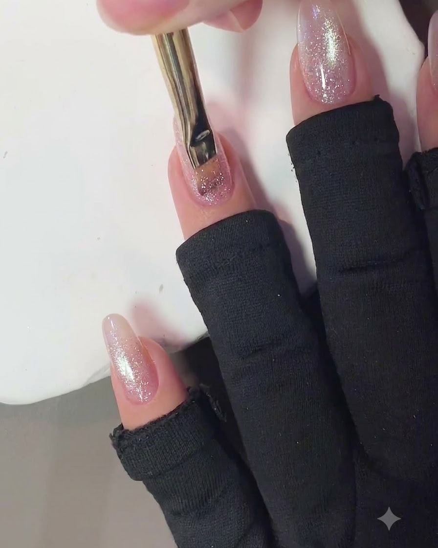 マニキュアを施した爪に、ネイルブラシでピンクのキャッツアイジェルを重ねて塗布している様子。
