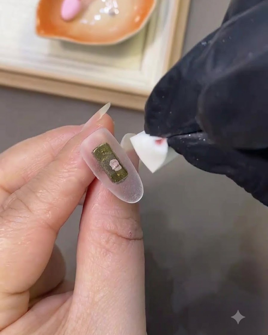 下処理をしたネイルの表面に、ネイリストのブラシが滑らかなミルキーホワイトのジェルポリッシュを塗っている様子。