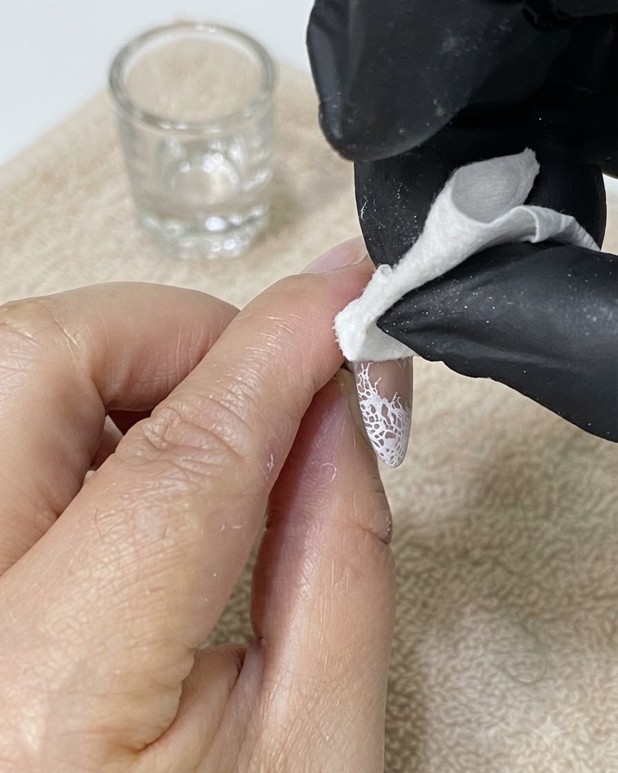 手袋を着用した指が、マニキュアを施した爪の端の周りにある余分なジェルポリッシュをワイプで掃除している様子。