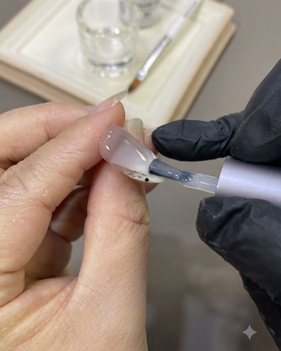 装飾されたネイルの表面に、ブラシでクリアなレベリング用のビルダージェルを塗っている様子。