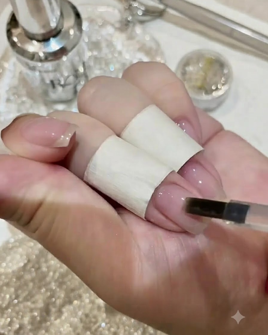 ネイルファイルを使って、パーツを置く予定の爪表面を部分的に軽く削っている様子。
