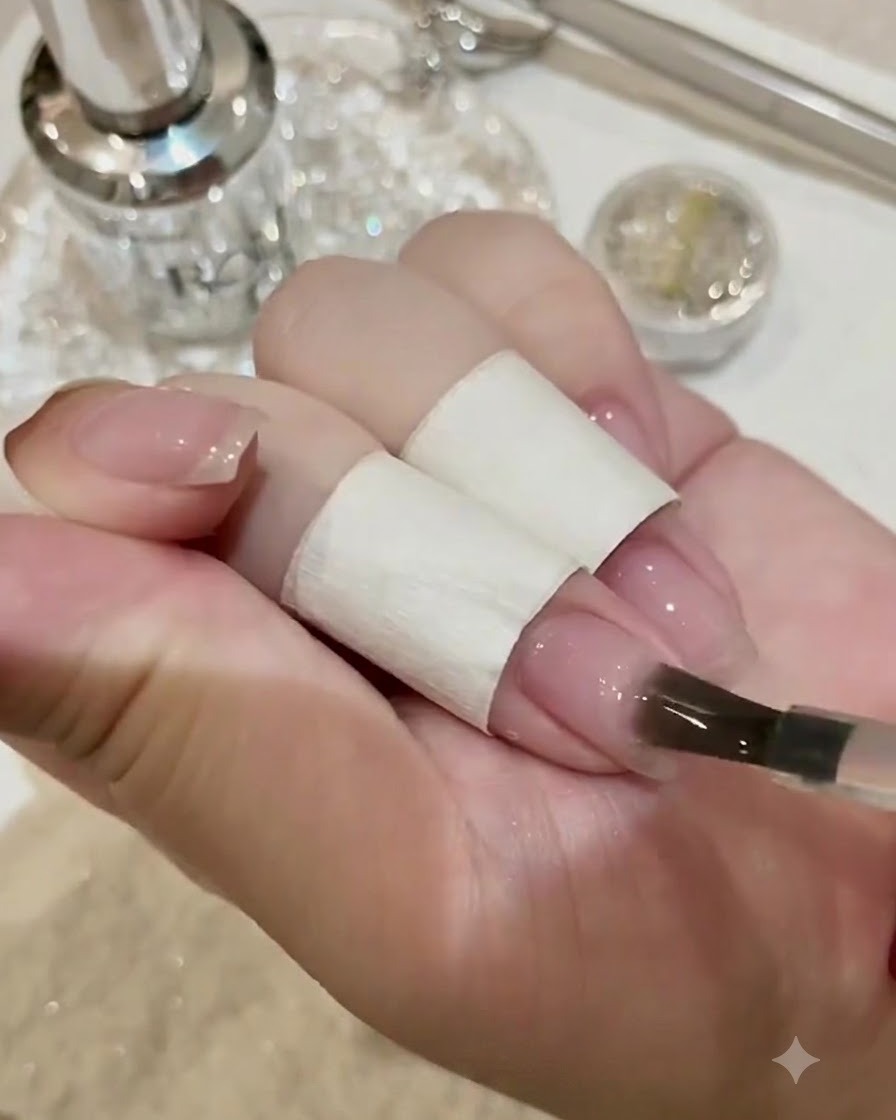 アートブラシを使って、サンディングした部分に粘度の高いビジュー専用接着剤をのせている様子。