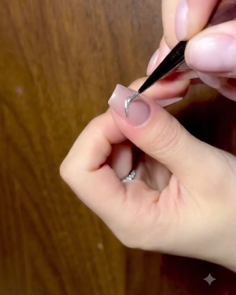 細かいブラシを使用してシルバーキャッツアイのバタフライリボンデザイン上に光り輝くグリッターを適用しているネイルテクニシャンの詳細なクローズアップ。