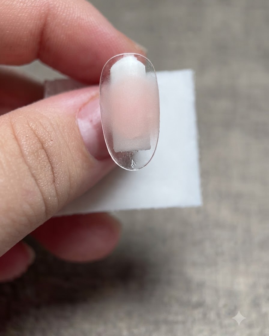 クリアなネイルチップの表面全体に、微細なラメと明るい色のジェルポリッシュの層が塗布されている様子。