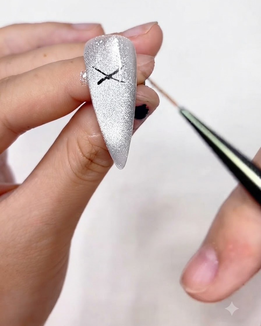きらめくネイル上のリボンの輪郭ループを作るため、先ほど描いたX字の端を極細ライナーブラシで接続している様子。
