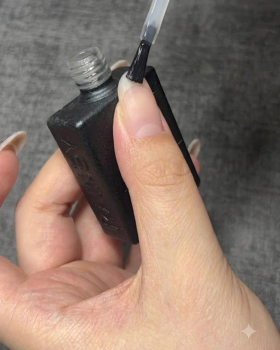綺麗に整えられた自爪に、ボトルブラシでクリアベースコートを塗布している様子。