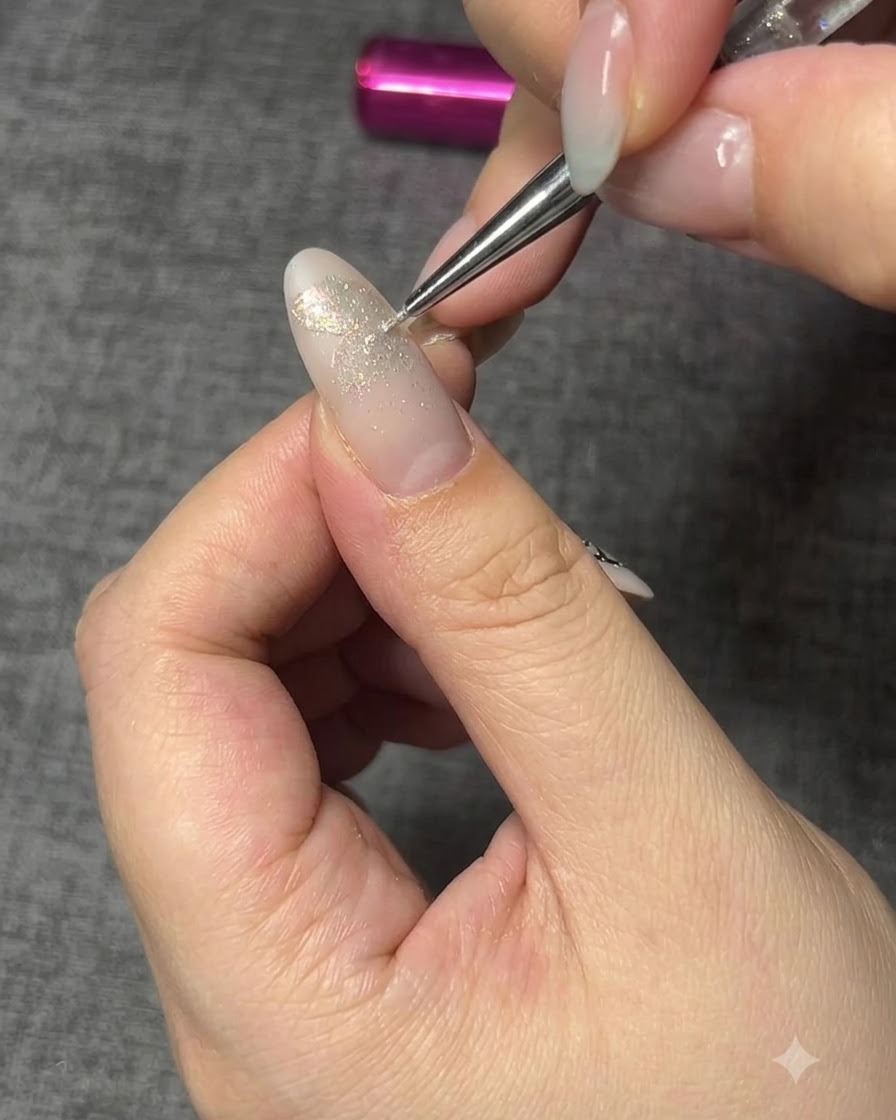 硬化させた蝶々のベース形状の上に、アプリケーターブラシでオーロラパウダーをはたき込んでいる様子。