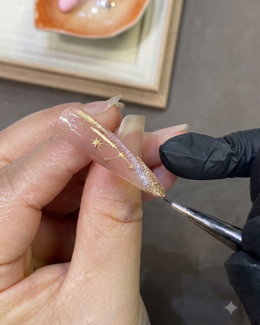 サイドフレンチチップの上に、新しく描かれた繊細なゴールドの星のモチーフを示している爪のクローズアップ。