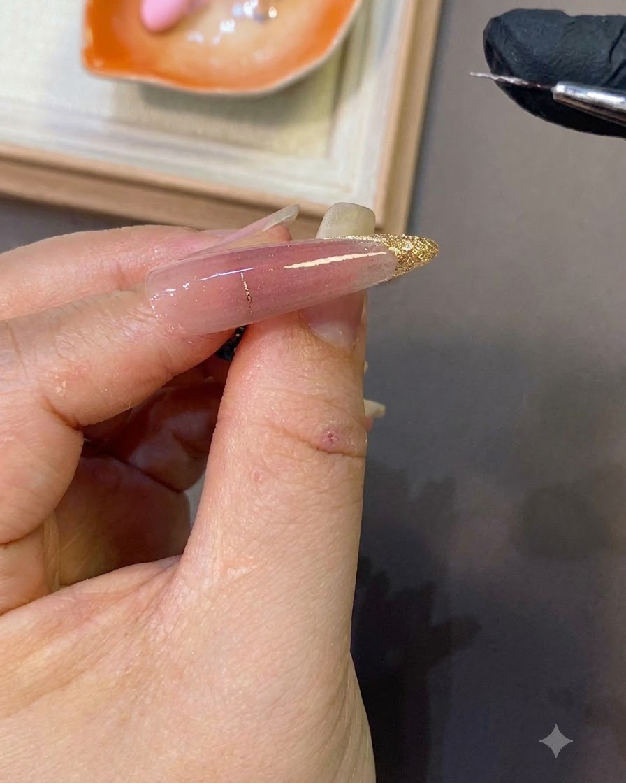 デコレーションされた爪の表面全体に、クリアな補強ジェルの層をブラシで塗布している様子。