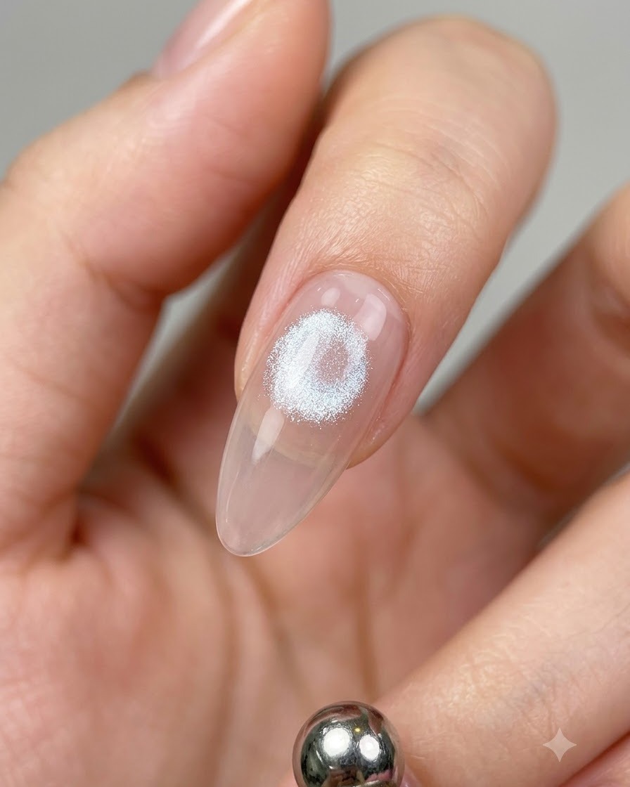 濡れたキャットアイジェルの層の上で、光の粒子を形作るためにマグネットツールをかざしている様子。