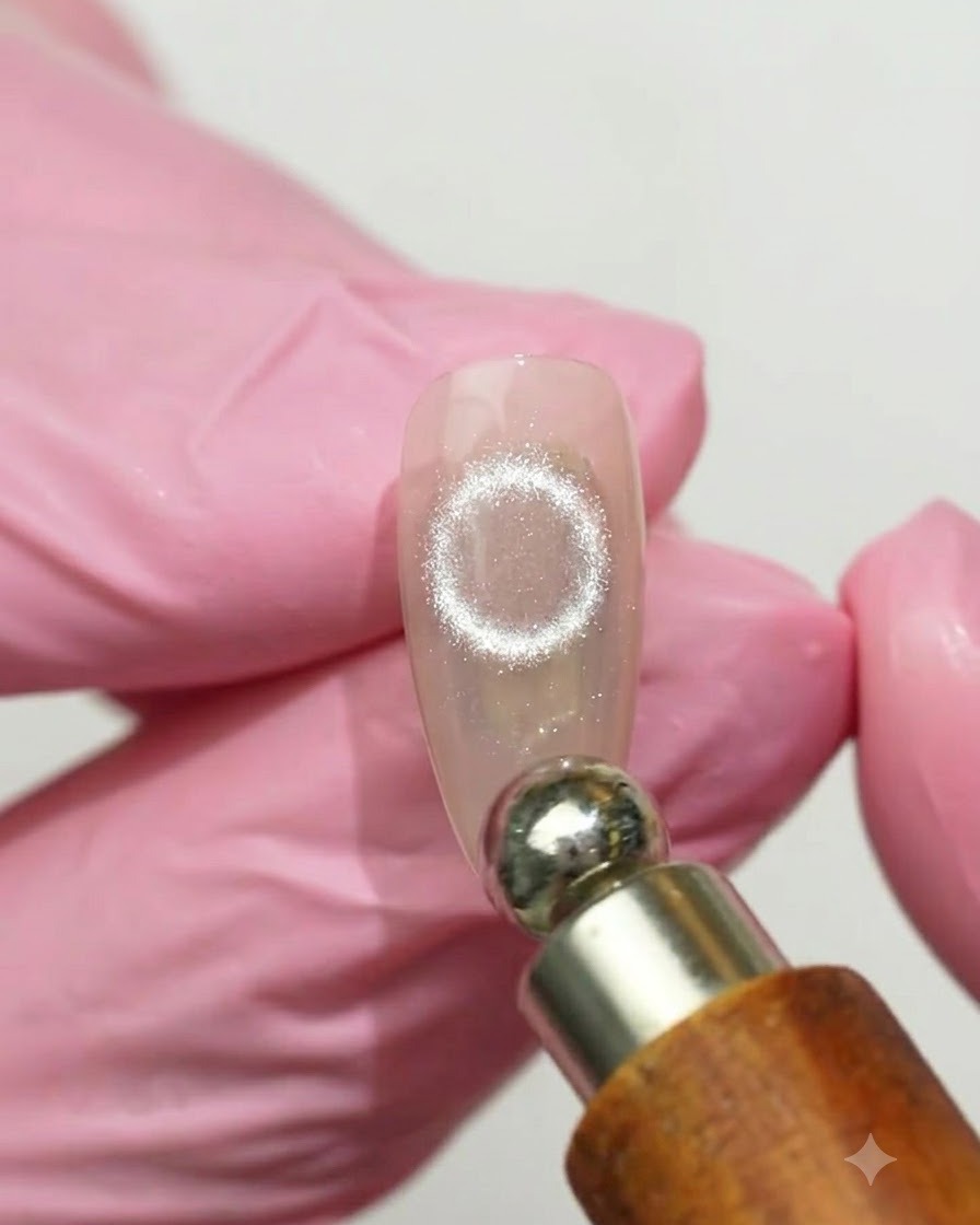 マグネットのリング効果が見える状態で、UV/LEDランプの下に置かれているネイル。
