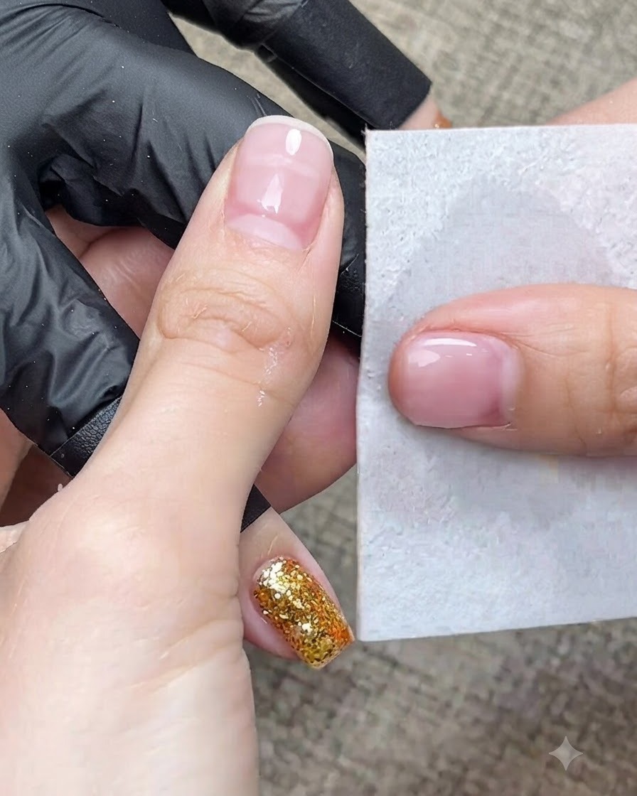 硬化させたグリッターネイルのベタつき層をクレンザーをしみ込んだリントフリーワイプで拭き取る様子。