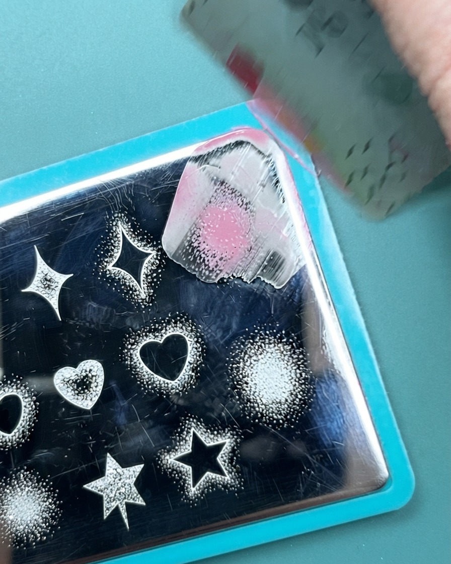 ネオンカラーに塗られた爪にピンクのドット柄をクリアシリコンスタンパーで転写している様子。