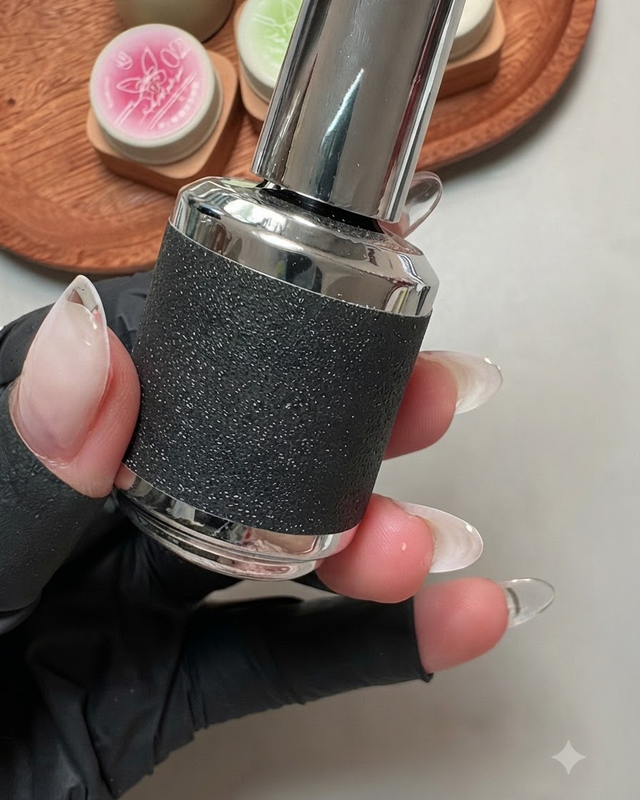 厚みのあるグリッターキャッツアイジェルのボトルを持っている手のクローズアップショット。