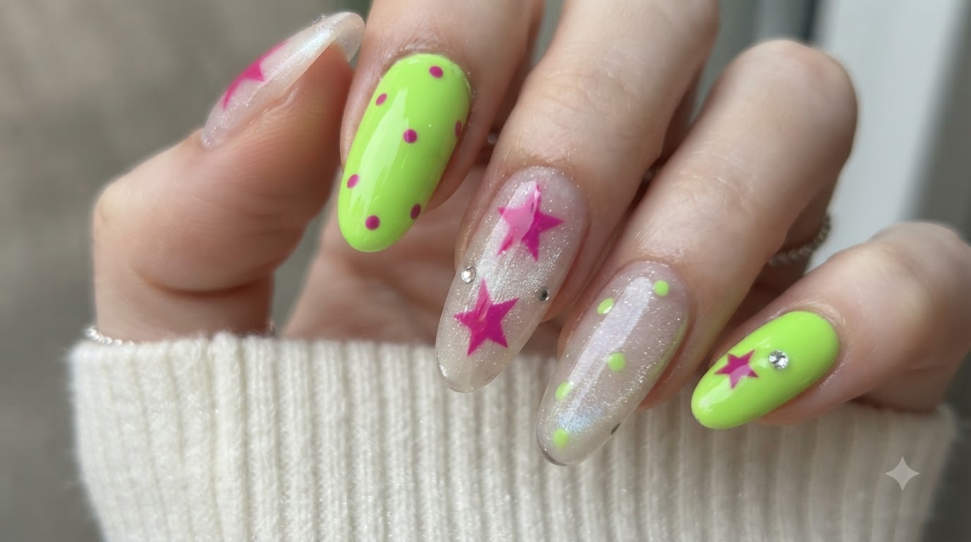 ロングアーモンドネイルに施された、鮮やかなネオン蛍光グリーンとマゼンタの星が輝くY2Kコントラストネイルアートのクローズアップ。