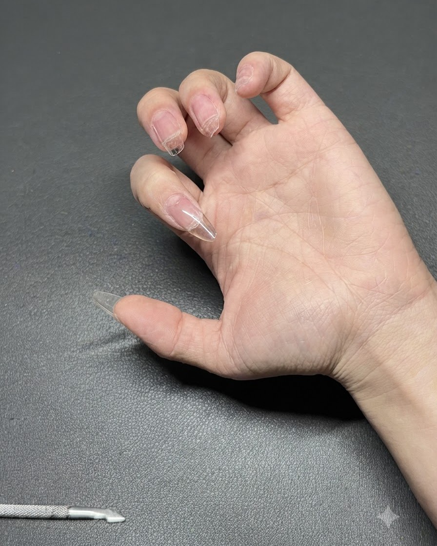 ビルダージェルを硬化させるために、携帯用の紫色のUVライトランプの下に置かれた手。