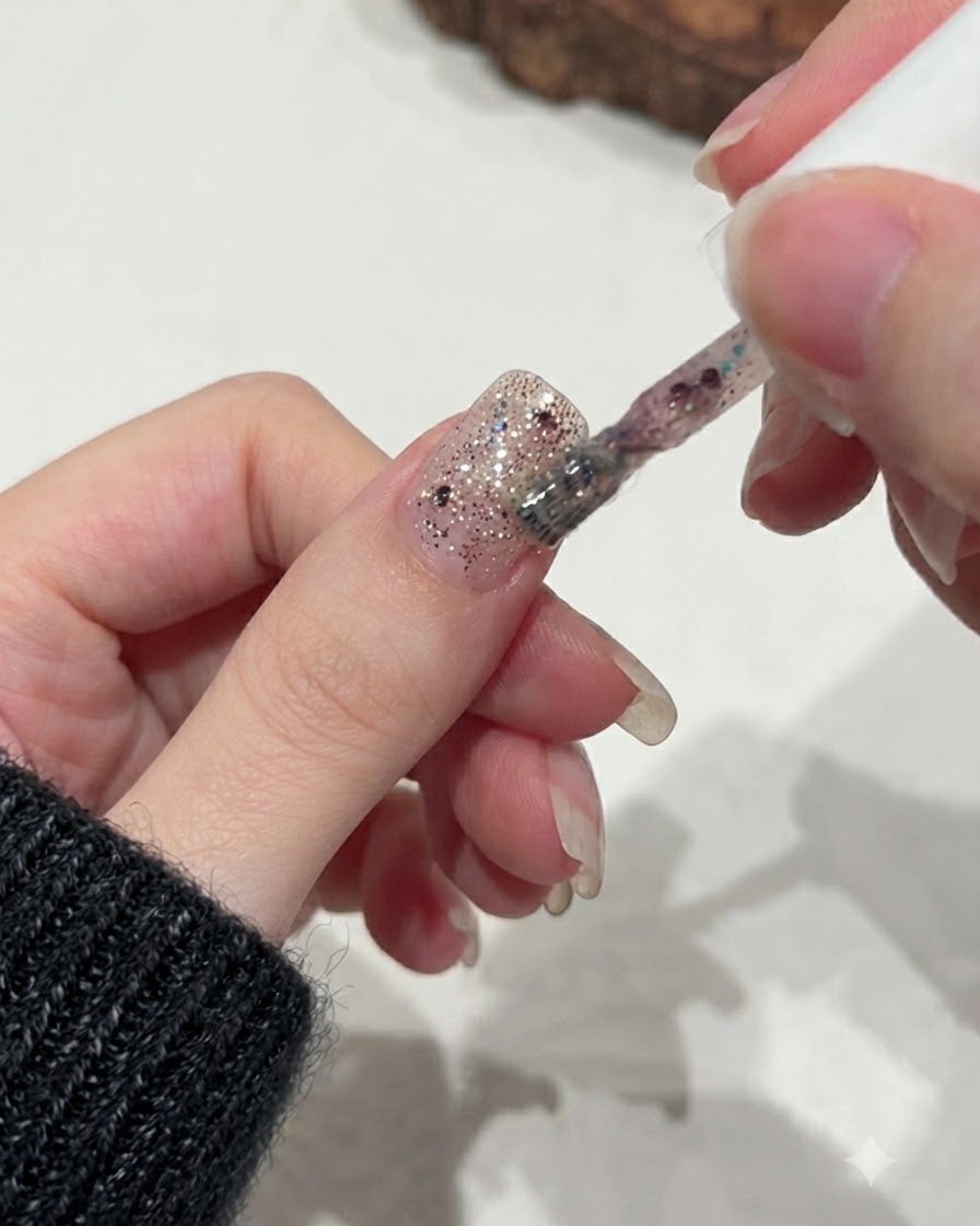 爪の上の既存のグリッター層の上に、ピンクグリッタージェルの2度塗りをブラシで行っているところ。