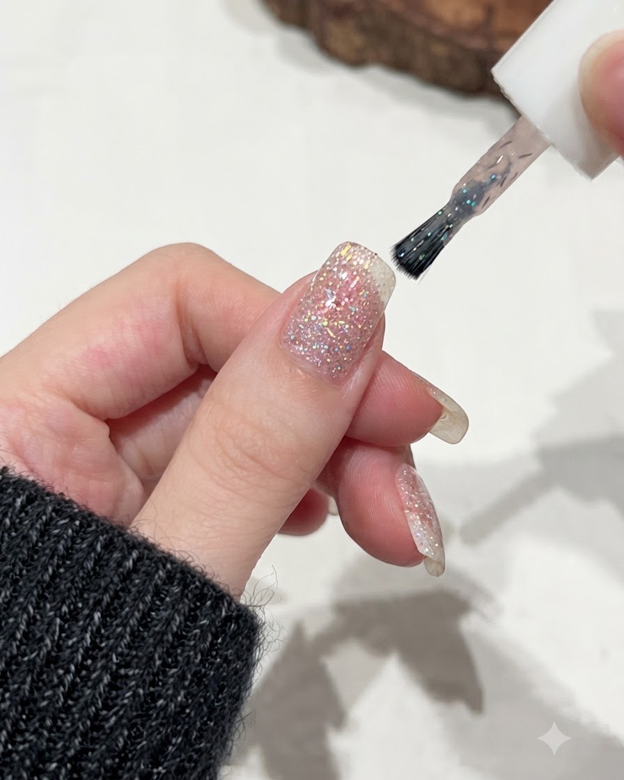 ピンクグリッターのネイルベースの上に、C62のシマーおよびグリッタージェルコートをブラシで塗布しているところ。