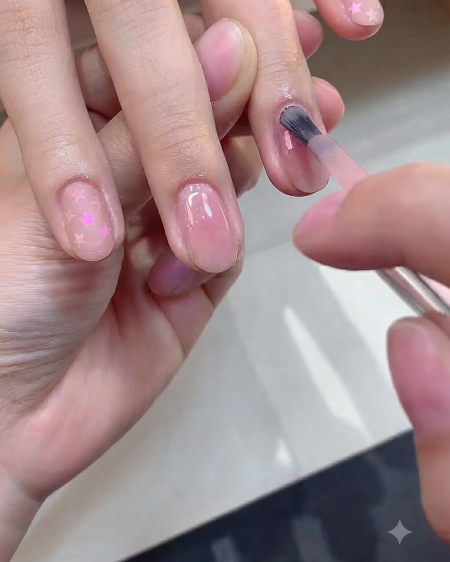 ブラシを使って、ピンクがかったヌードカラーのポリッシュを2回目の薄塗りで爪に塗布している様子