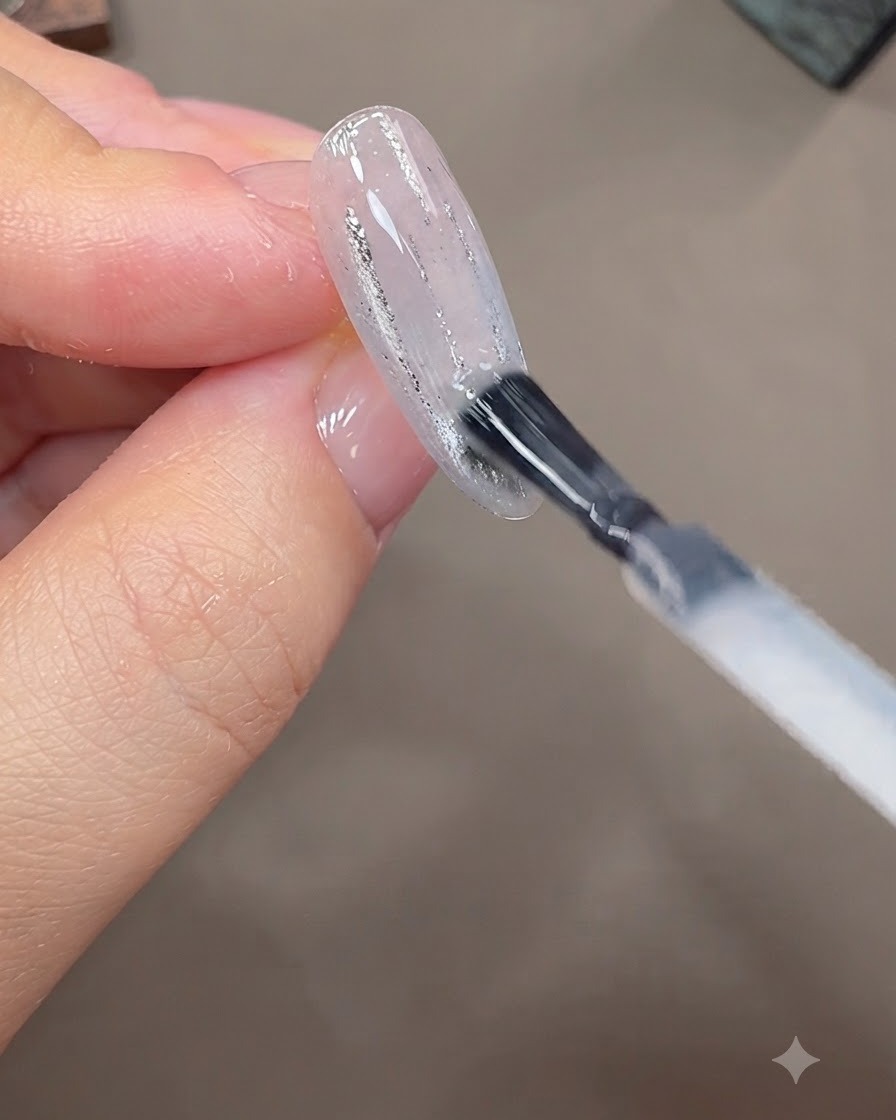 装飾されたネイル表面に、ブラシを使って透明なビルダージェルの薄いレイヤーを塗布している様子。
