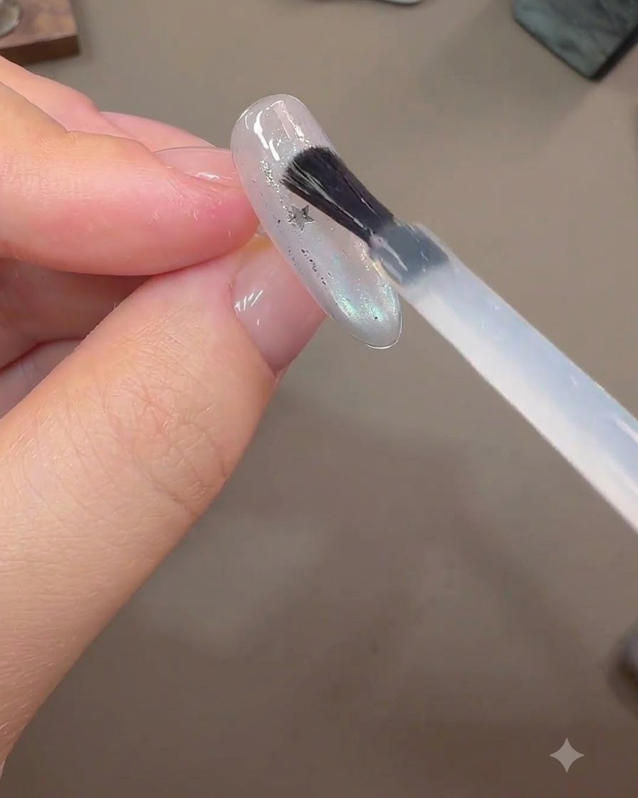 完成したネイルエクステンションの埋め込まれた星型グリッターの上から、厚めのビルダージェルをブラシで塗布している様子。