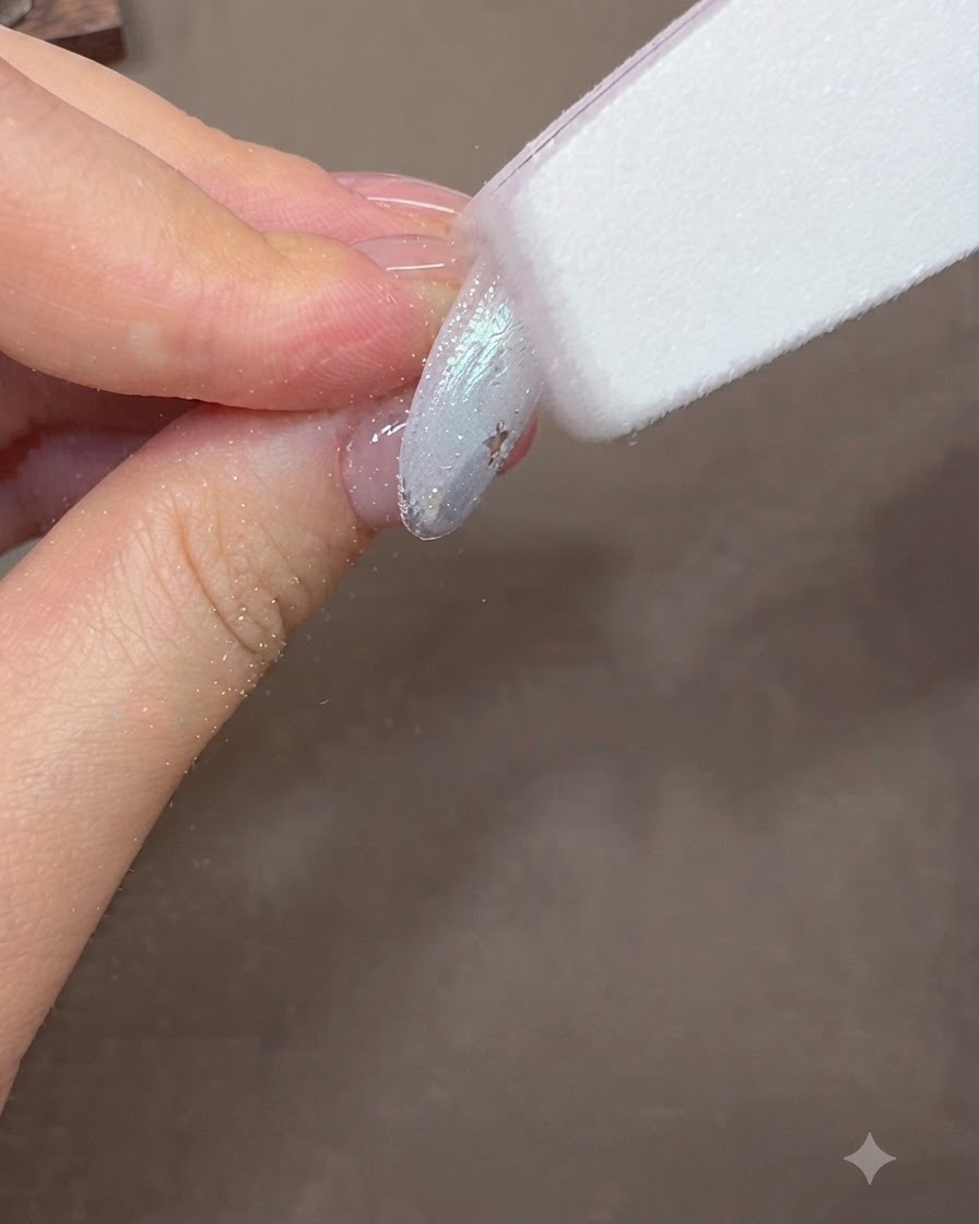 ネイルファイルを使って、完成したジェルネイルの表面を形作り滑らかに整えている様子。