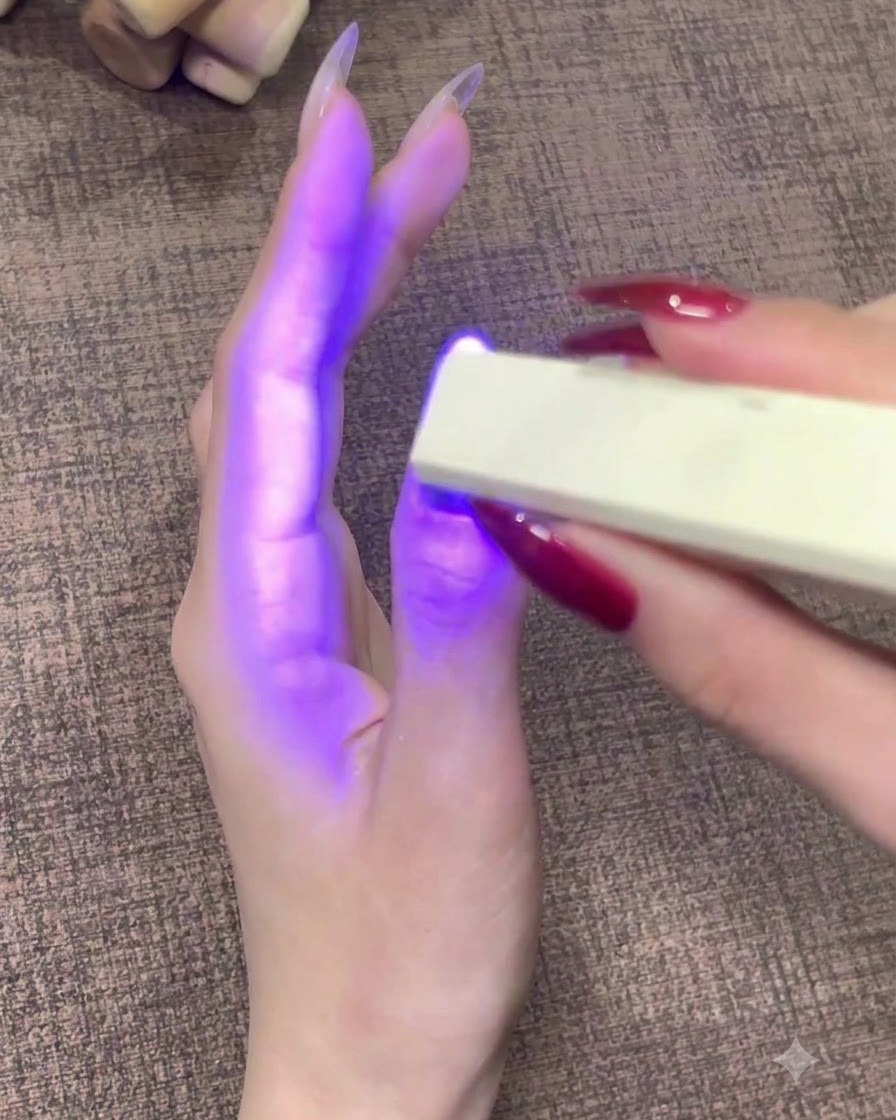 完成した親指の爪に紫色の光を放つポータブルUV LEDネイルランプ。