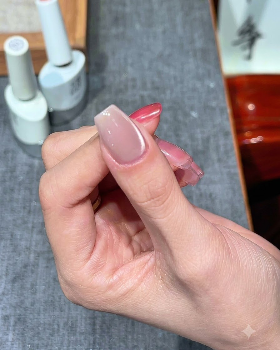 キャットアイの塗布後、UV/LEDランプの下で硬化している爪。