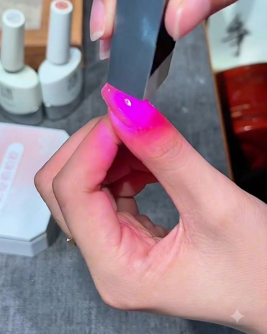 ネイル硬化ランプ内のピンク色のUV光に照らされている指。