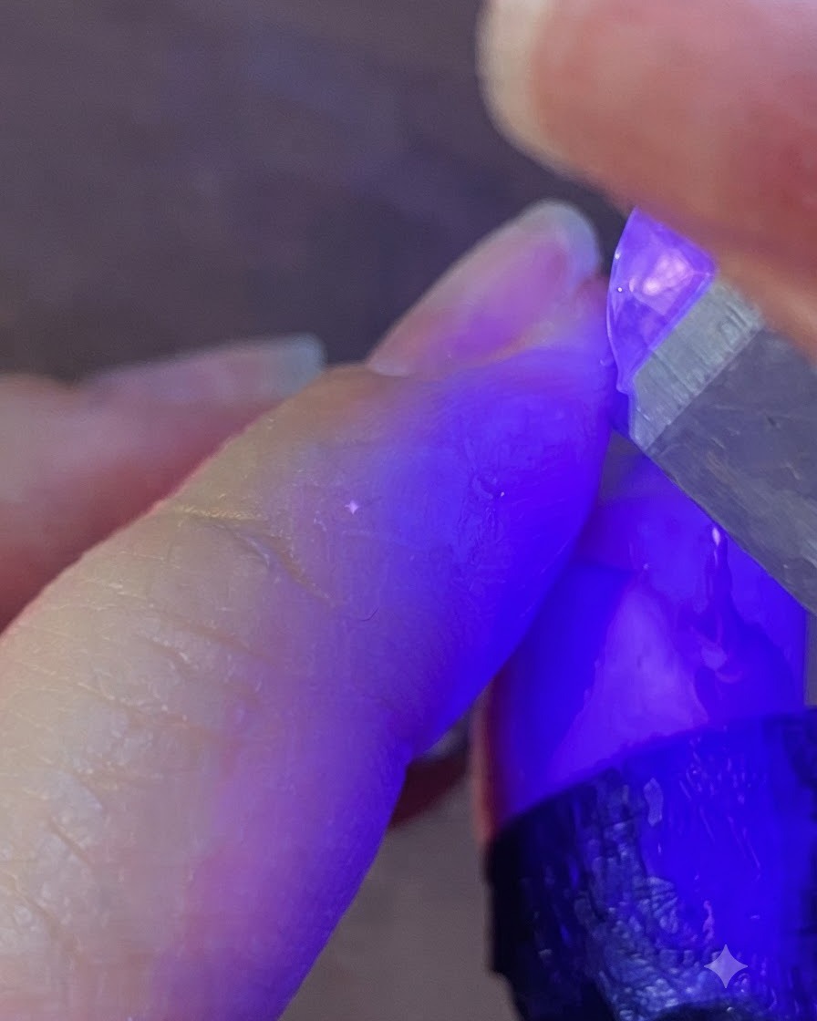 ポータブルUV LEDネイルランプが爪に紫色の光を照射してジェルを硬化させている様子。