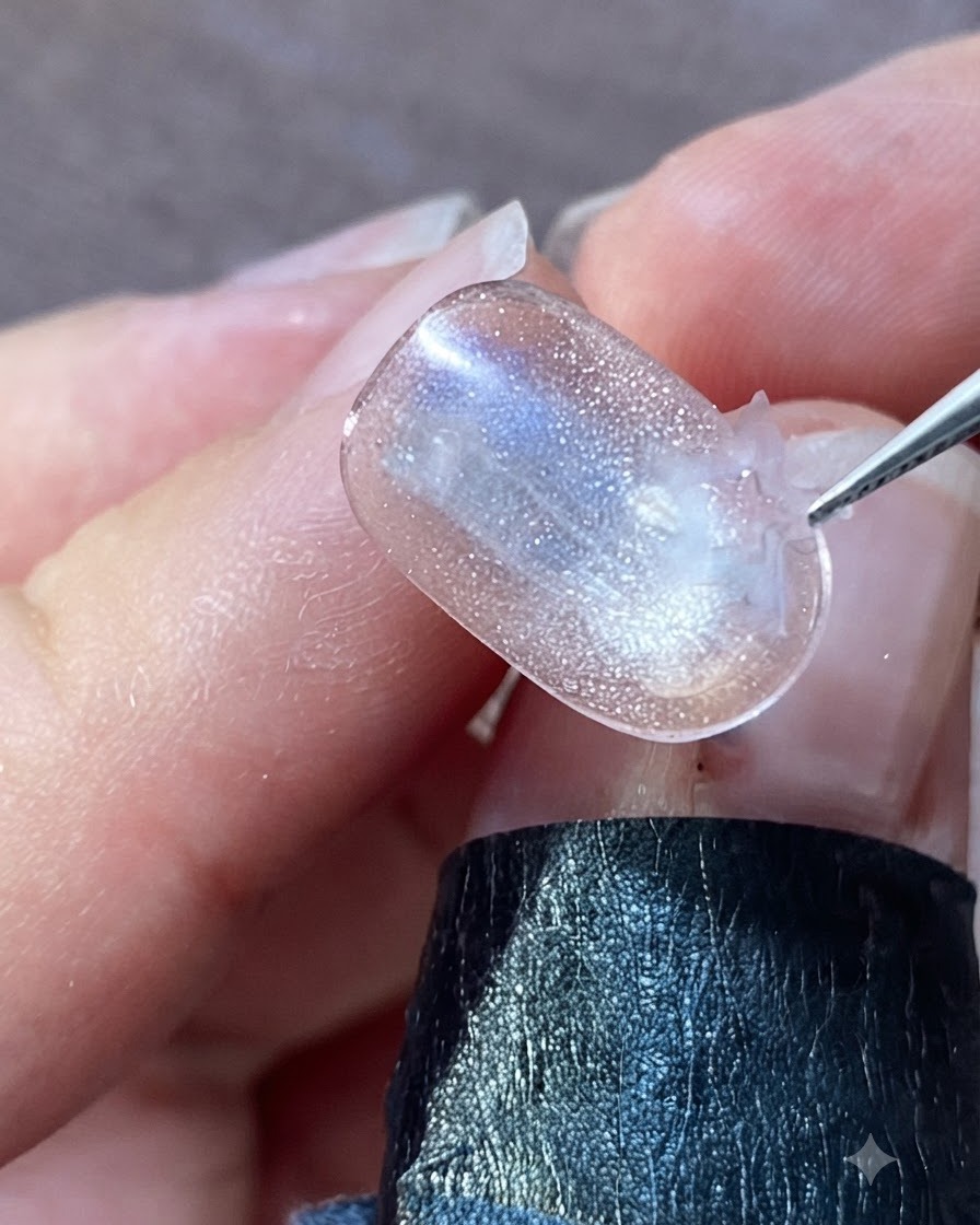 デコレーションされた爪の中央に、ピンセットで光沢のあるホログラムの星デカールを配置しているところ。