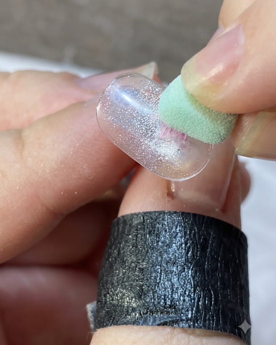半透明のネイルチップ上で、細いライナーブラシが中心の要素から外側に向けて細いピンクの線を描いている様子。
