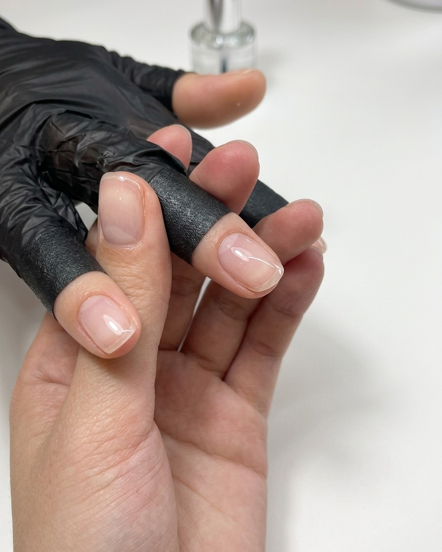 滑らかなジェル構造が完成し、ミニ硬化ランプの下に置かれている指。