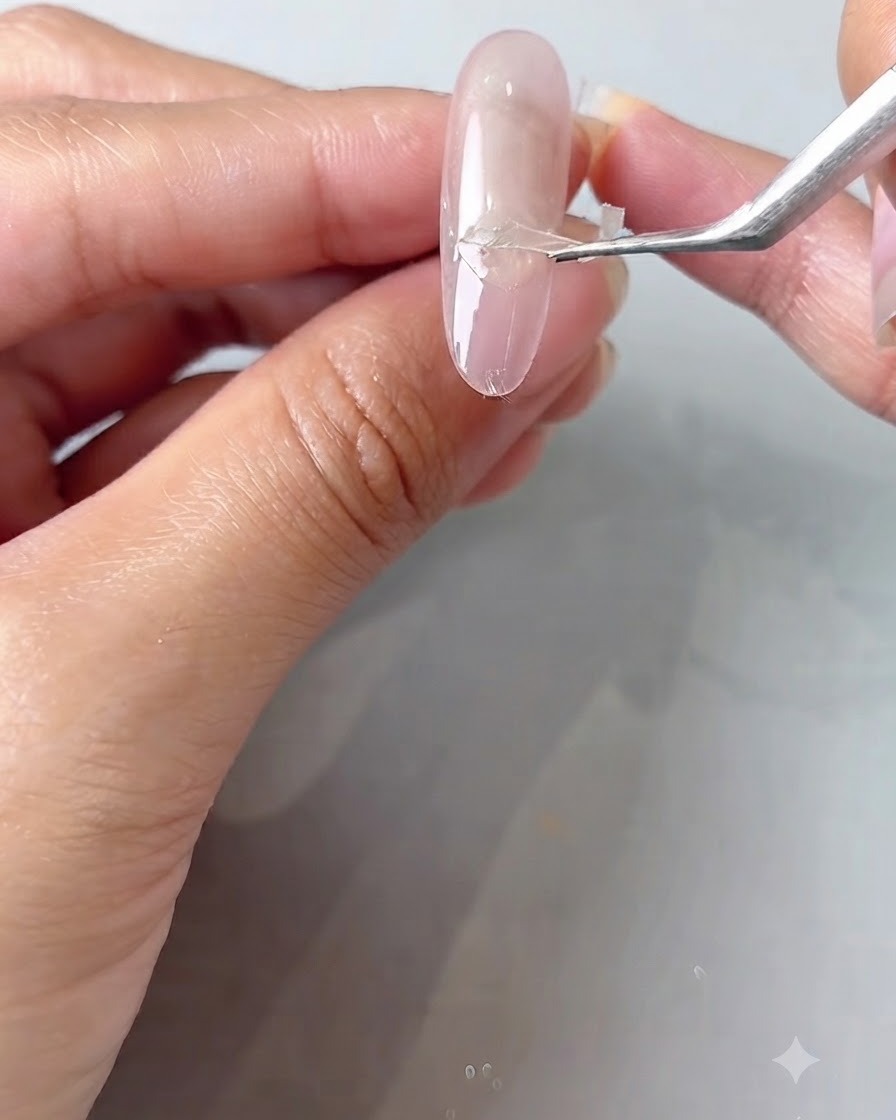 磨かれたネイルからピンセットで小さなガイドシールを慎重に持ち上げて剥がしているところ。