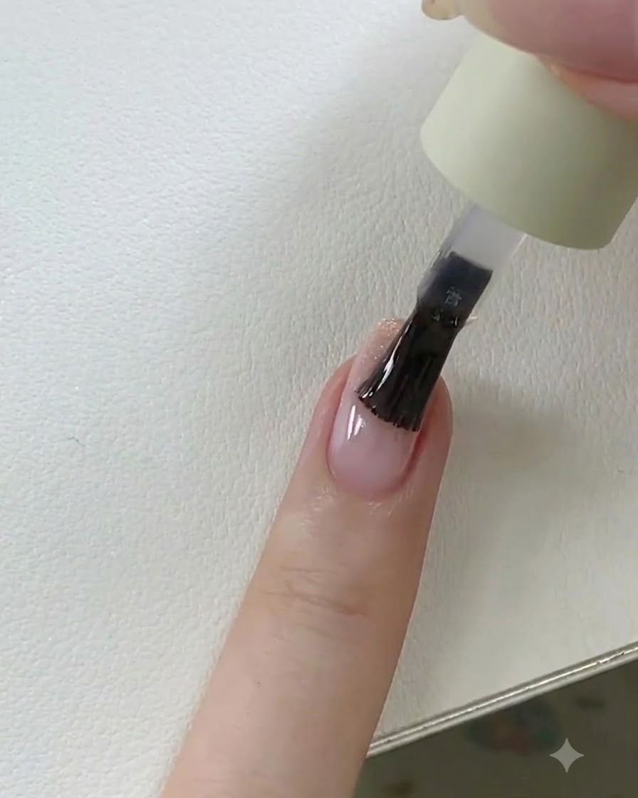 手が、濡れたトップコートのある爪を最終硬化のためにUV/LEDランプの下に置いている様子。
