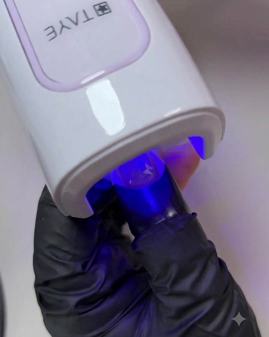 白のUV/LEDネイルライトの中に手を入れ、最後の艶やかなトップコートの層を硬化させている様子。