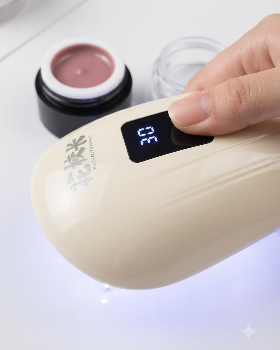 ポータブルタイプのデジタルUV/LEDネイルランプの下で、キャッツアイジェルのレイヤーを硬化させている指。