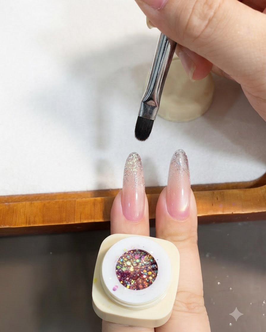 ジェルブラシを使って、アーモンド型のネイルの先端にチャンキーなグリッタースパンコールを軽く乗せている様子。