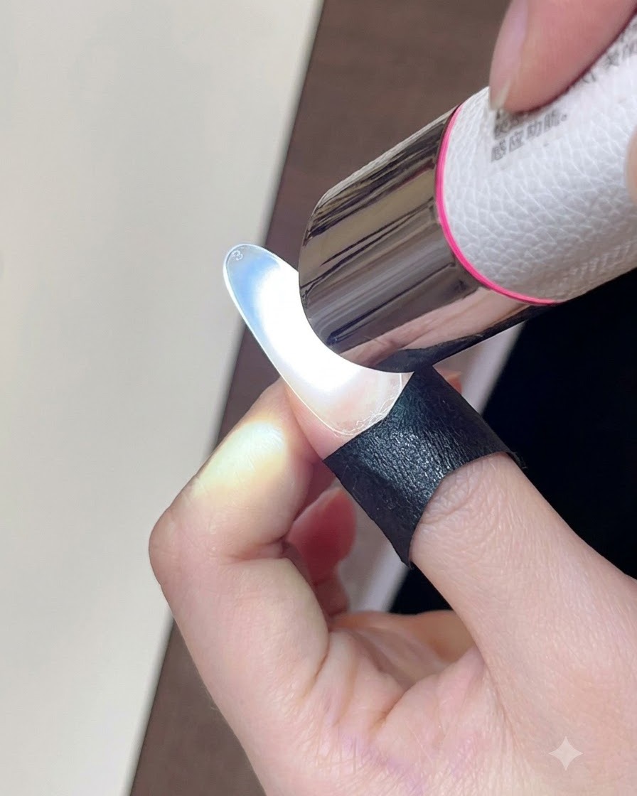 爪に塗られたジェルをハンディタイプのミニUV/LEDライトで硬化させている様子。