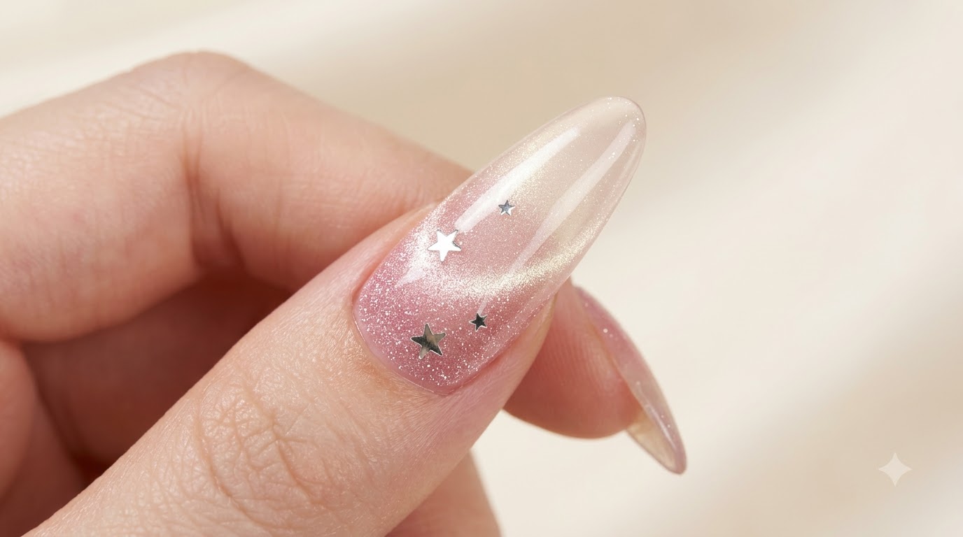 ピンクのキャッツアイベースにシルバーの星型スパンコールをあしらい、高光沢のトップコートで仕上げたロングアーモンドネイル。