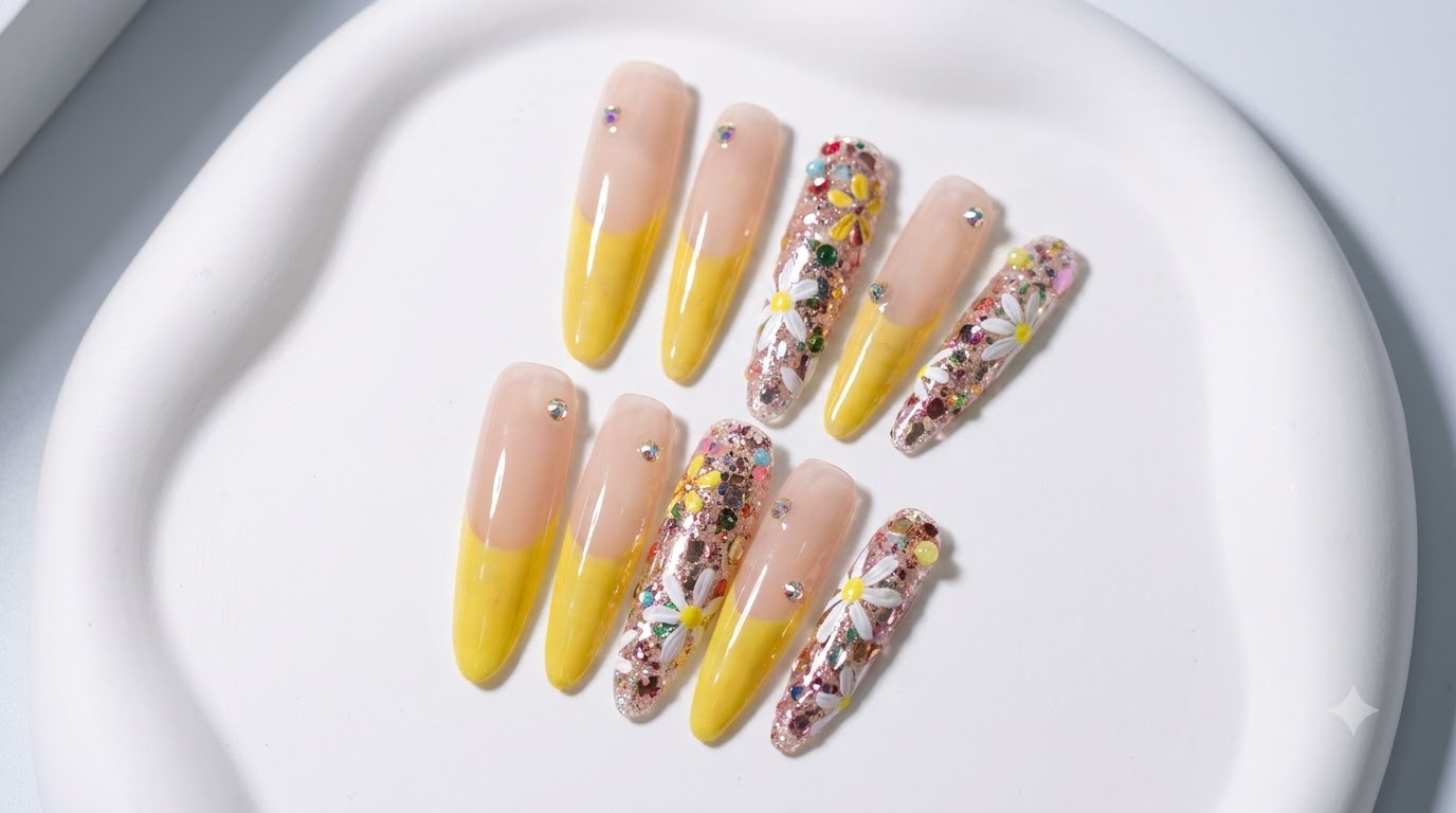 春のデイジー＆イエローフレンチのジェルネイル — ステップバイステップチュートリアル