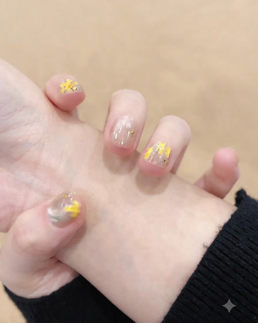 1本の爪に細い筆先の黄色いお花のデザインが精密に描かれているクローズアップ写真。