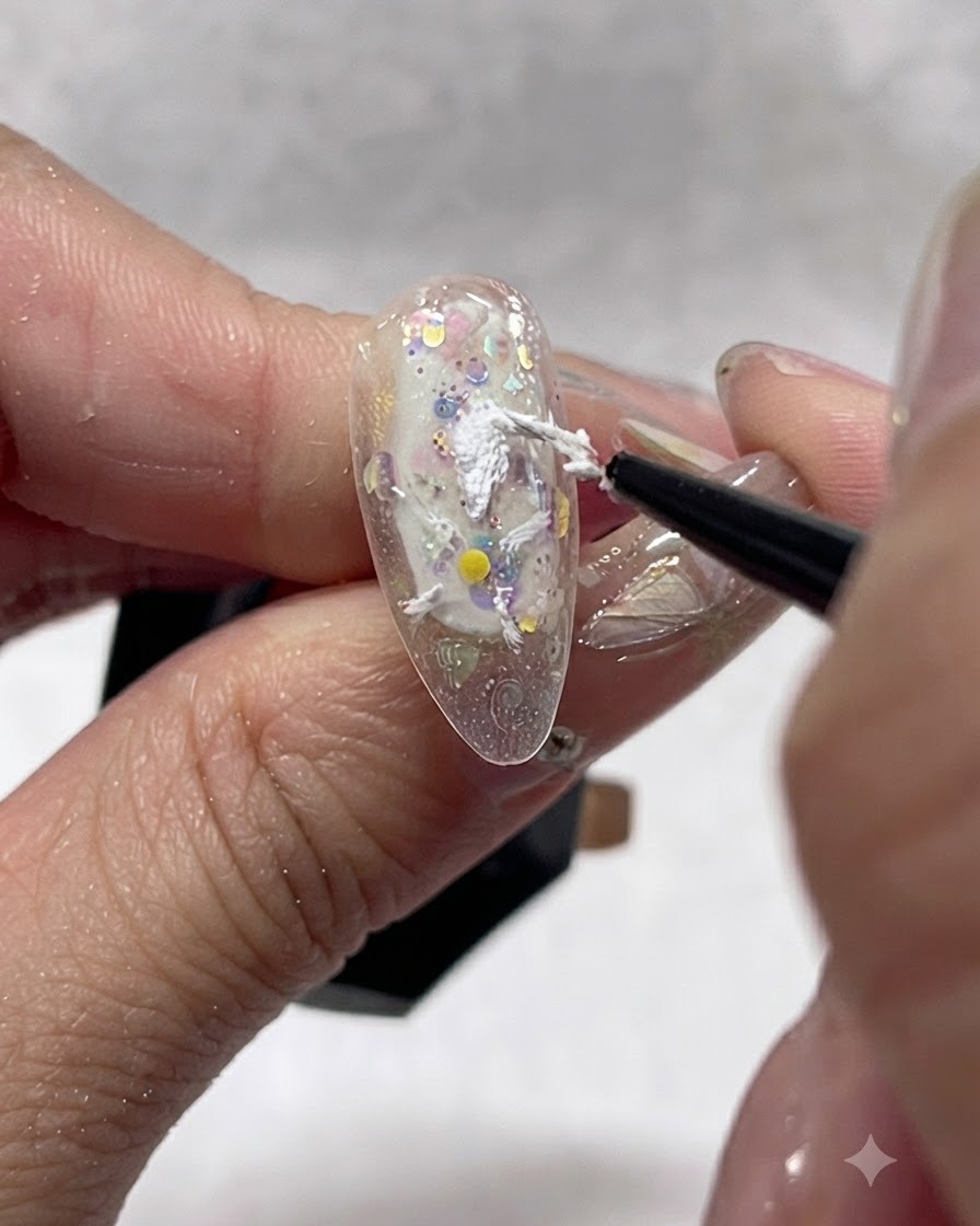 ネイルチップの端に見切れたデイジーの花びらを作るため、細筆でホワイトのテクスチャージェルを外側に引っ張るように描いているクローズアップ