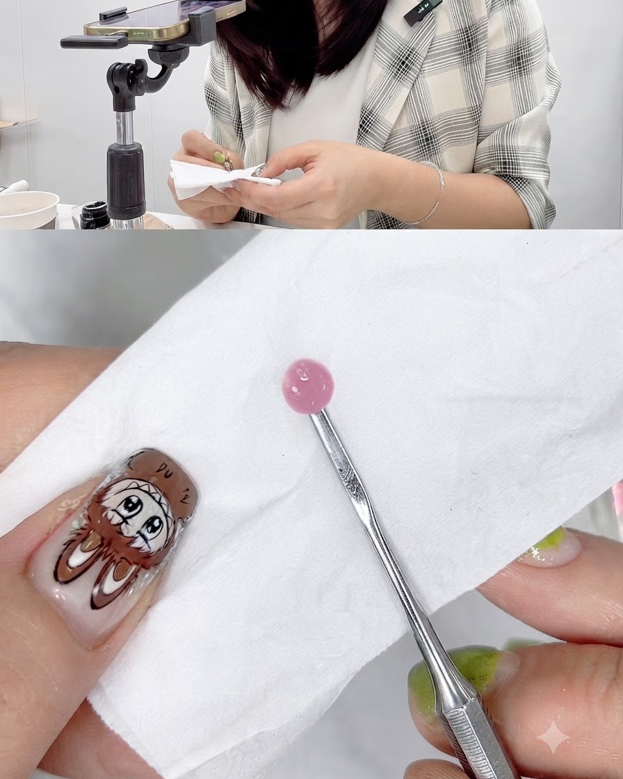 ツール上に置かれたピンクのジェルボールの表面の余分な水分を、ペーパーティッシュで吸い取っている様子。