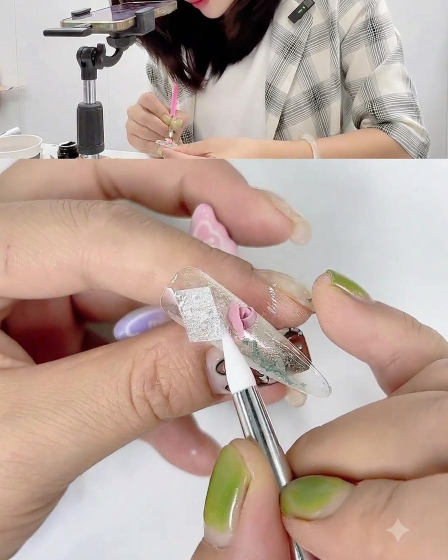 ネイル上のピンクのジェル花びらの端を、シリコンカービングペンで形作りながら引き戻している様子。