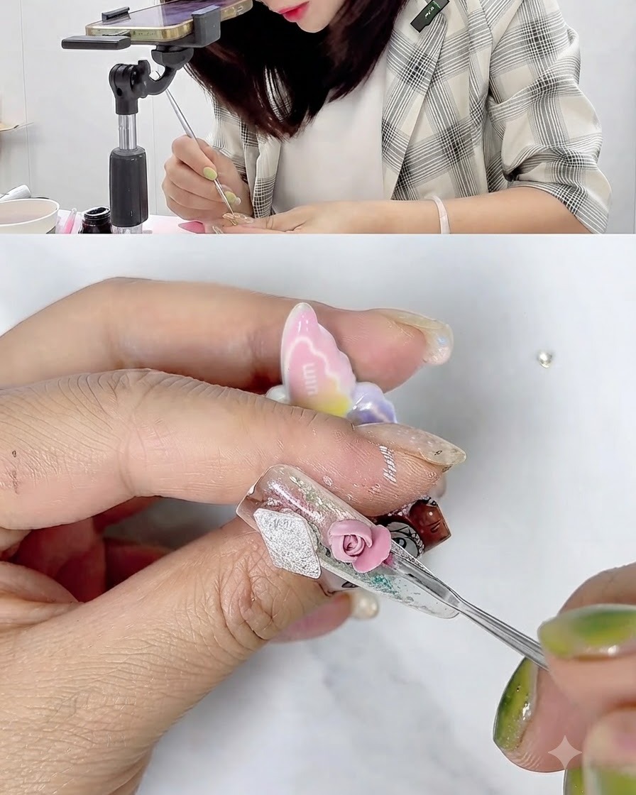 ネイル表面のピンクのスカルプティングジェルの花びらを、ファインディテーリングツールで調整して反らせている様子。