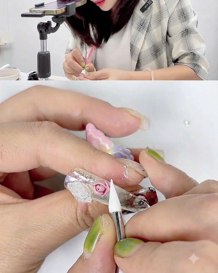 ピンクの3Dジェルローズの花びらをシリコンツールで巻き上げ、スムーズに整えているクローズアップ。