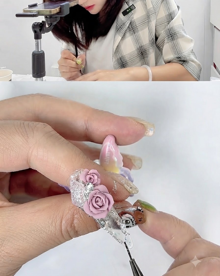 ラインストーンのアクセントとともに、成形された2つのピンクの3Dローズが並べて配置されている仕上がりのネイル。